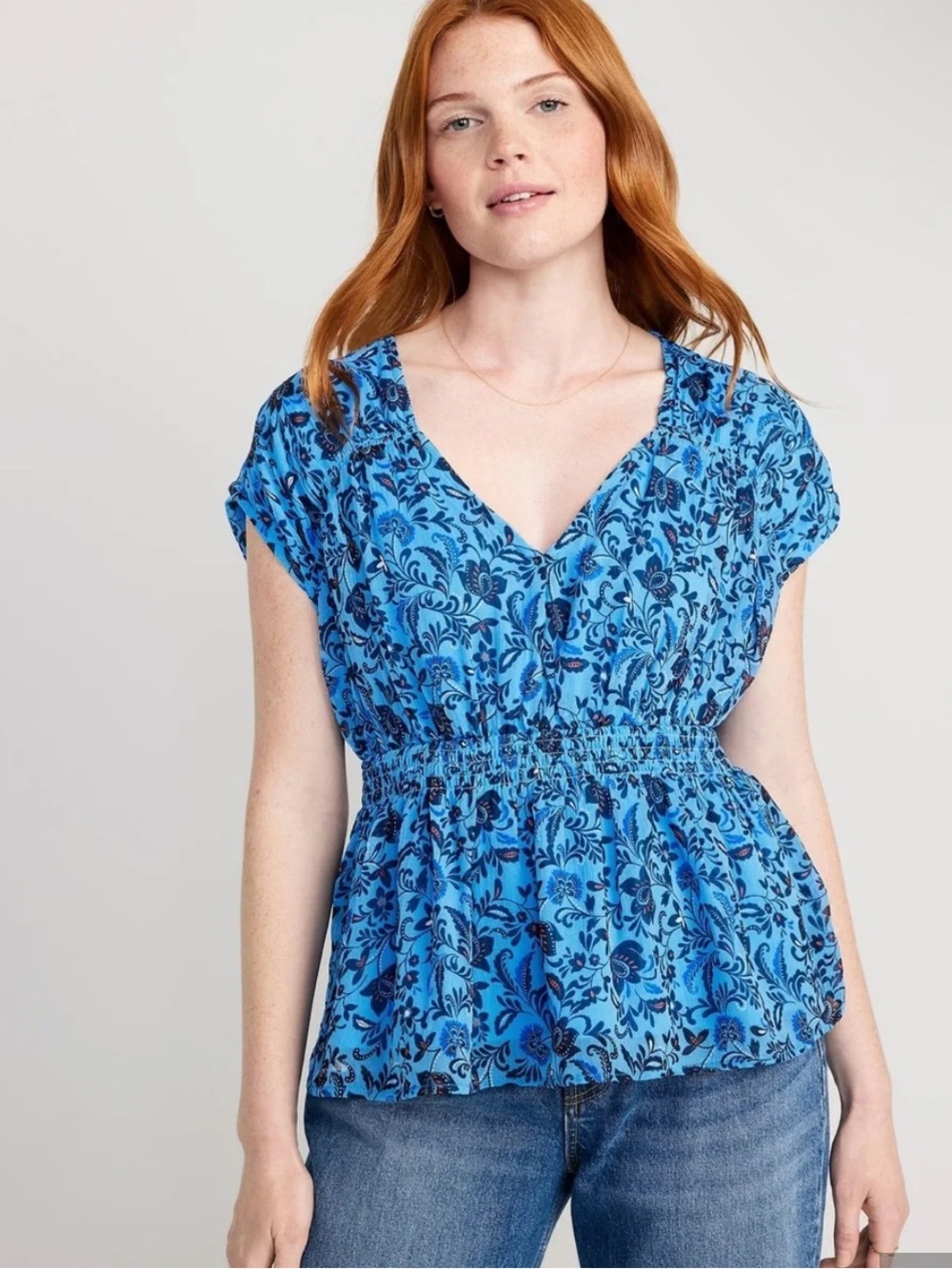 Old Navy Floral Waist Defined Dolman Sleeve Top Size L Blue NEW